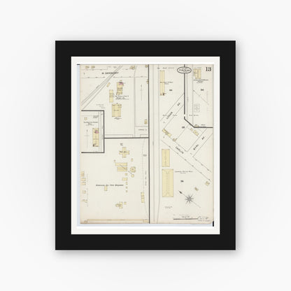 Old map wall art mockup — black gallery frame with white mat — Sanborn Fire Insurance Map from Findlay, Hancock County, Ohio (1887), Sheet #0013