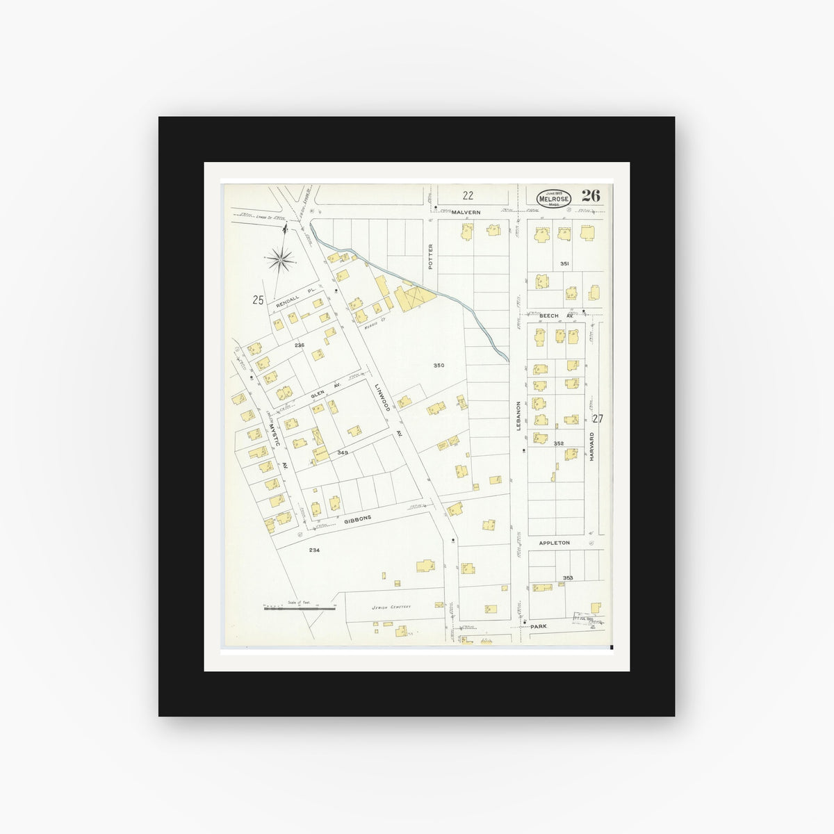 Old map wall art mockup — black gallery frame with white mat — Sanborn Fire Insurance Map from Melrose, Middlesex County, Massachusetts (1909), Sheet #0026