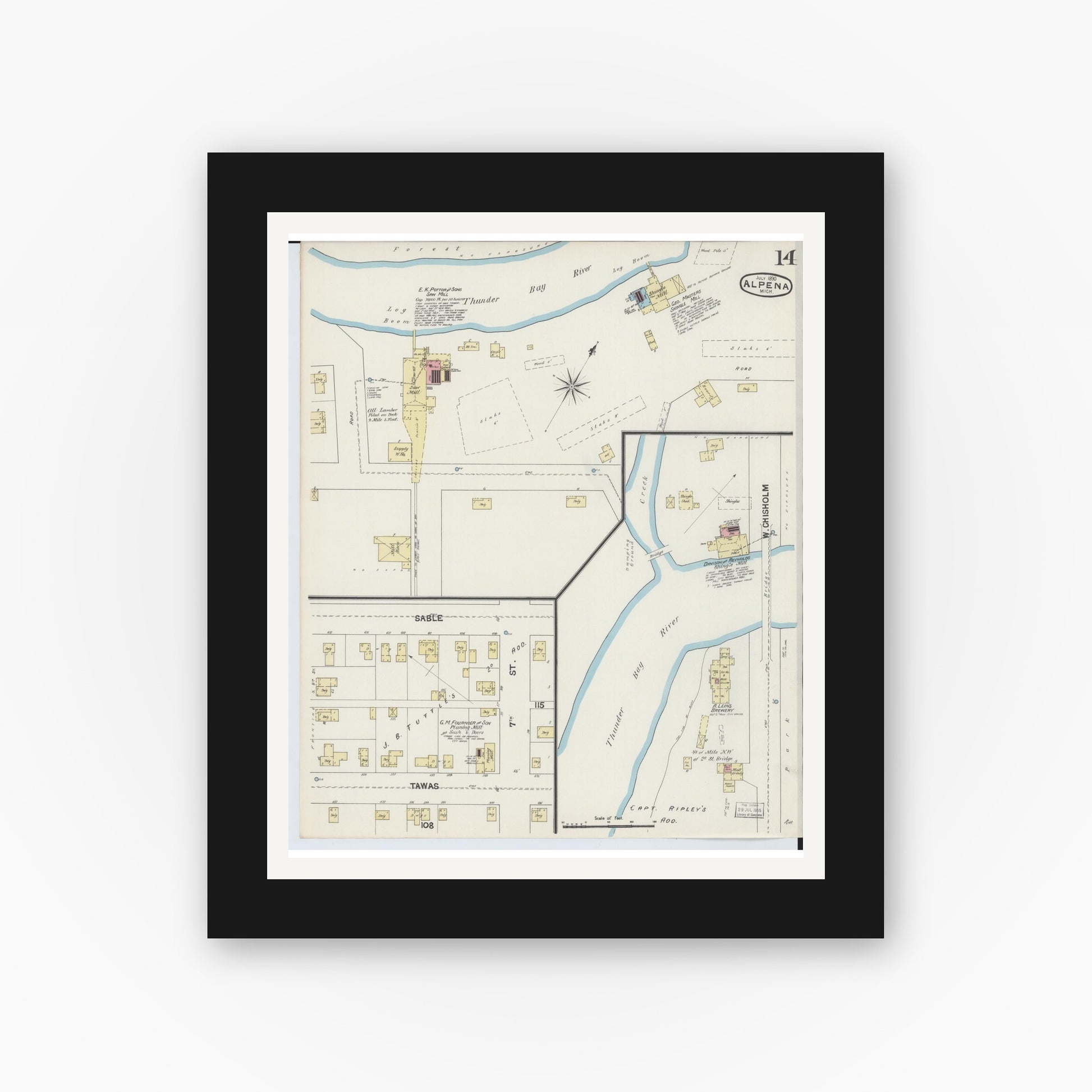 Old map wall art mockup — black gallery frame with white mat — Sanborn Fire Insurance Map from Alpena, Alpena County, Michigan (1890), Sheet #0014