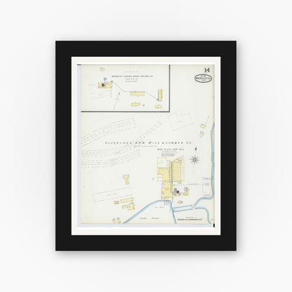 Old map wall art mockup — black gallery frame with white mat — Sanborn Fire Insurance Map from Marquette, Marquette County, Michigan (1892), Sheet #0014