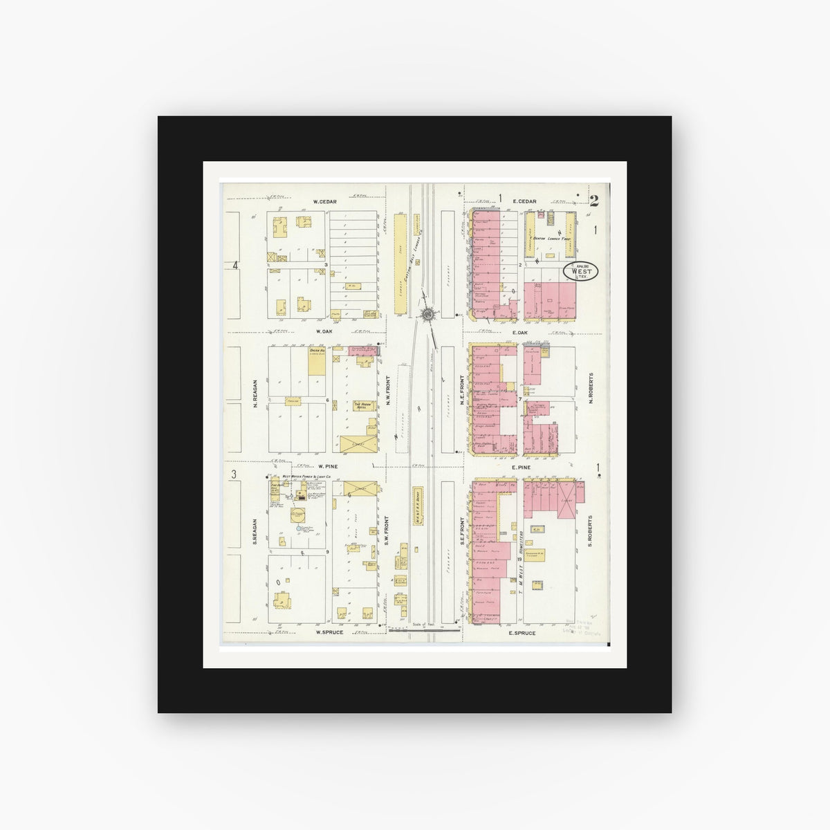 Old map wall art mockup — black gallery frame with white mat — Sanborn Fire Insurance Map from West, McLennan County, Texas (1911), Sheet #0002