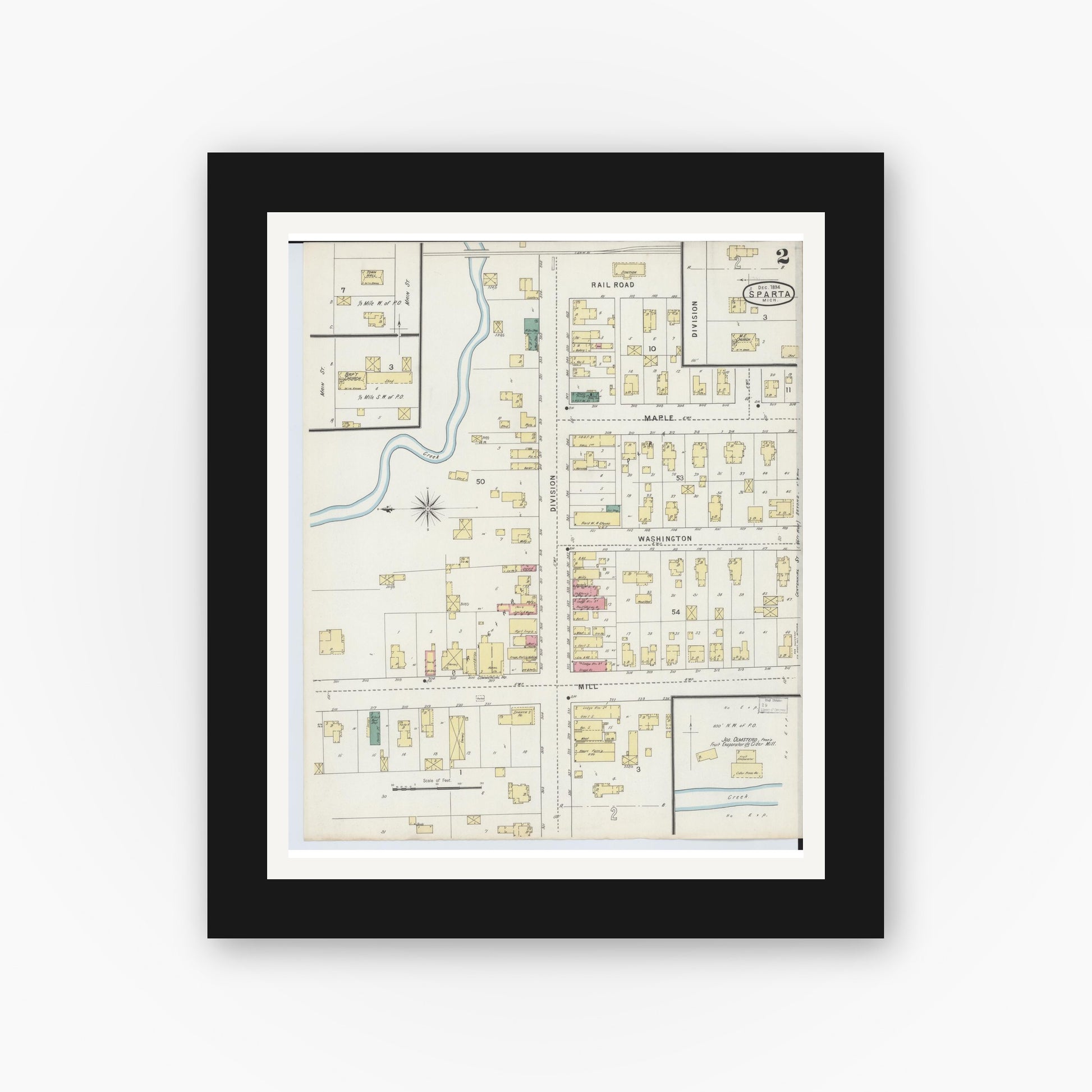 Old map wall art mockup — black gallery frame with white mat — Sanborn Fire Insurance Map from Sparta, Kent County, Michigan (1894), Sheet #0002