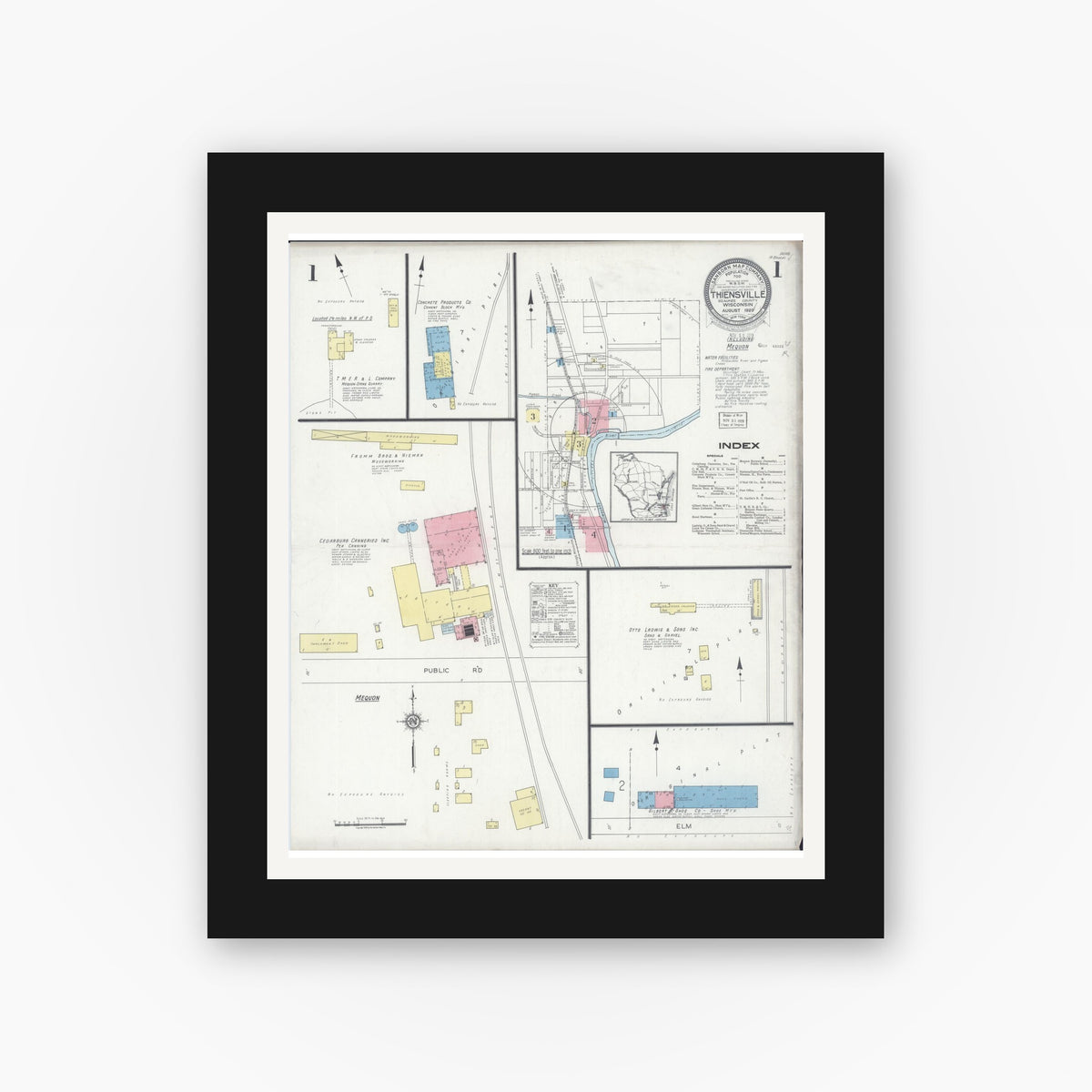 Old map wall art mockup — black gallery frame with white mat — Sanborn Fire Insurance Map from Thiensville, Ozaukee County, Wisconsin (1929), Sheet #0001