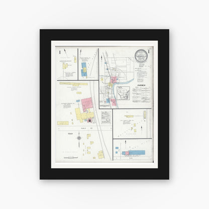 Old map wall art mockup — black gallery frame with white mat — Sanborn Fire Insurance Map from Thiensville, Ozaukee County, Wisconsin (1929), Sheet #0001