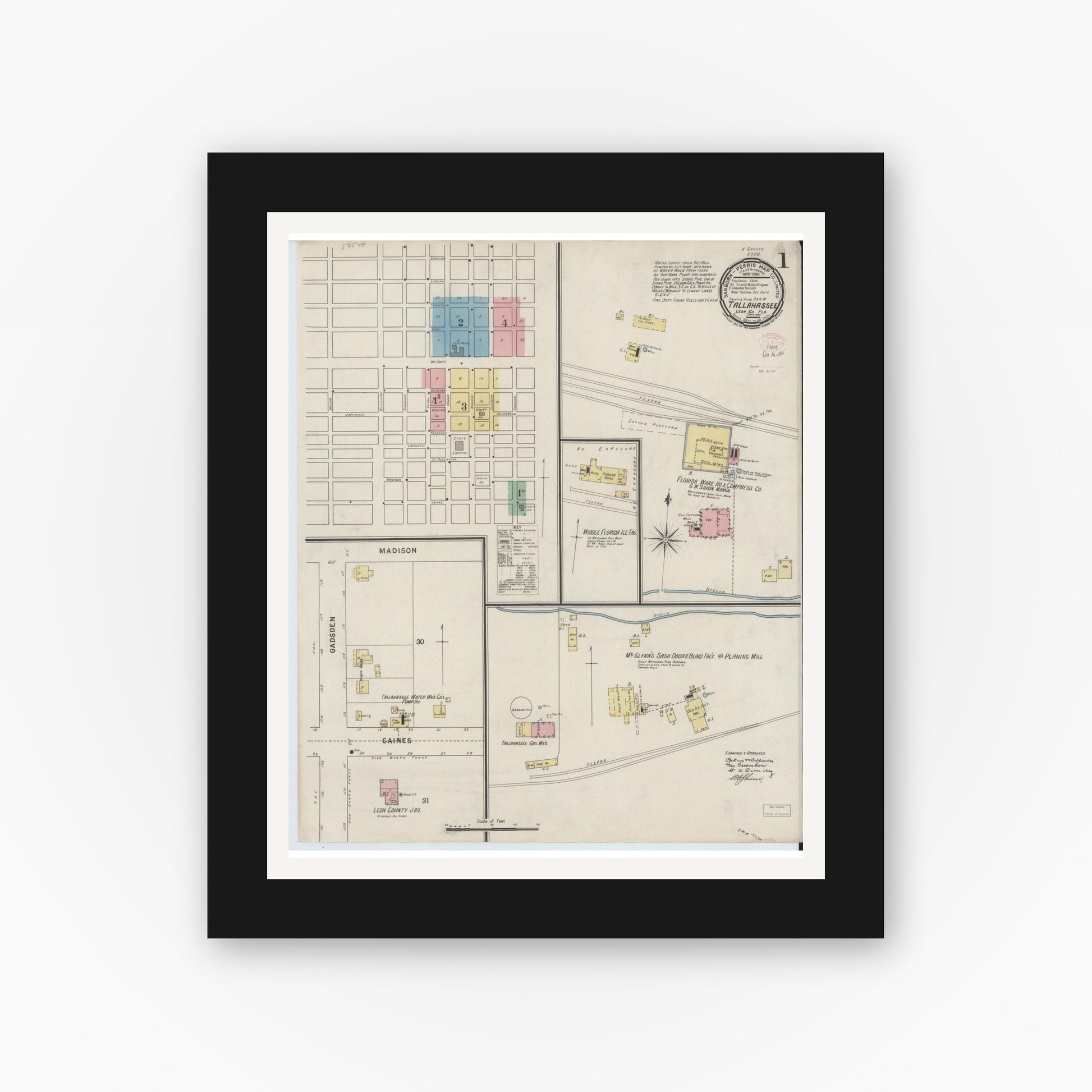 Old map wall art mockup — black gallery frame with white mat — Sanborn Fire Insurance Map from Tallahassee, Leon County, Florida (1895), Sheet #0001