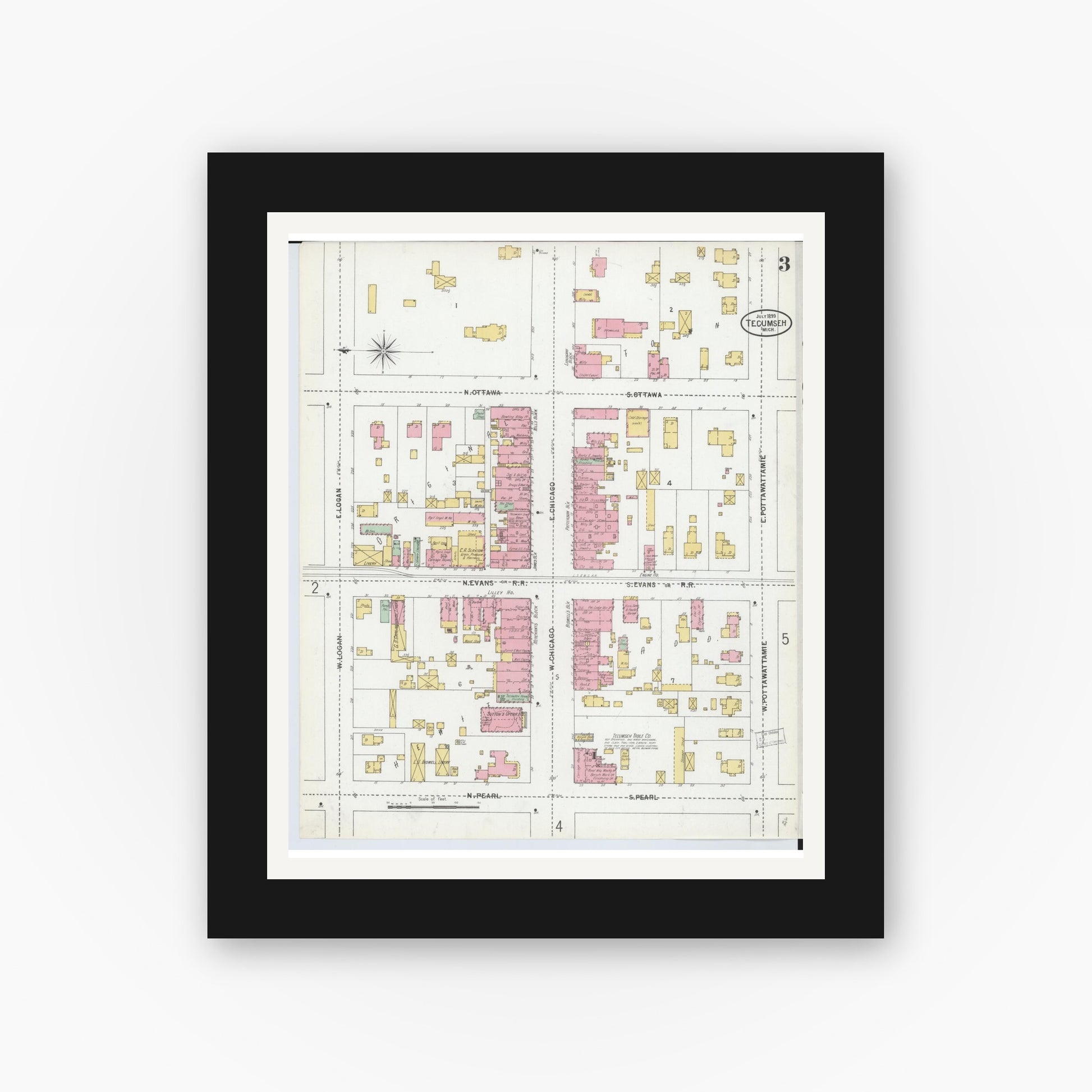 Old map wall art mockup — black gallery frame with white mat — Sanborn Fire Insurance Map from Tecumseh, Lenawee County, Michigan (1899), Sheet #0003
