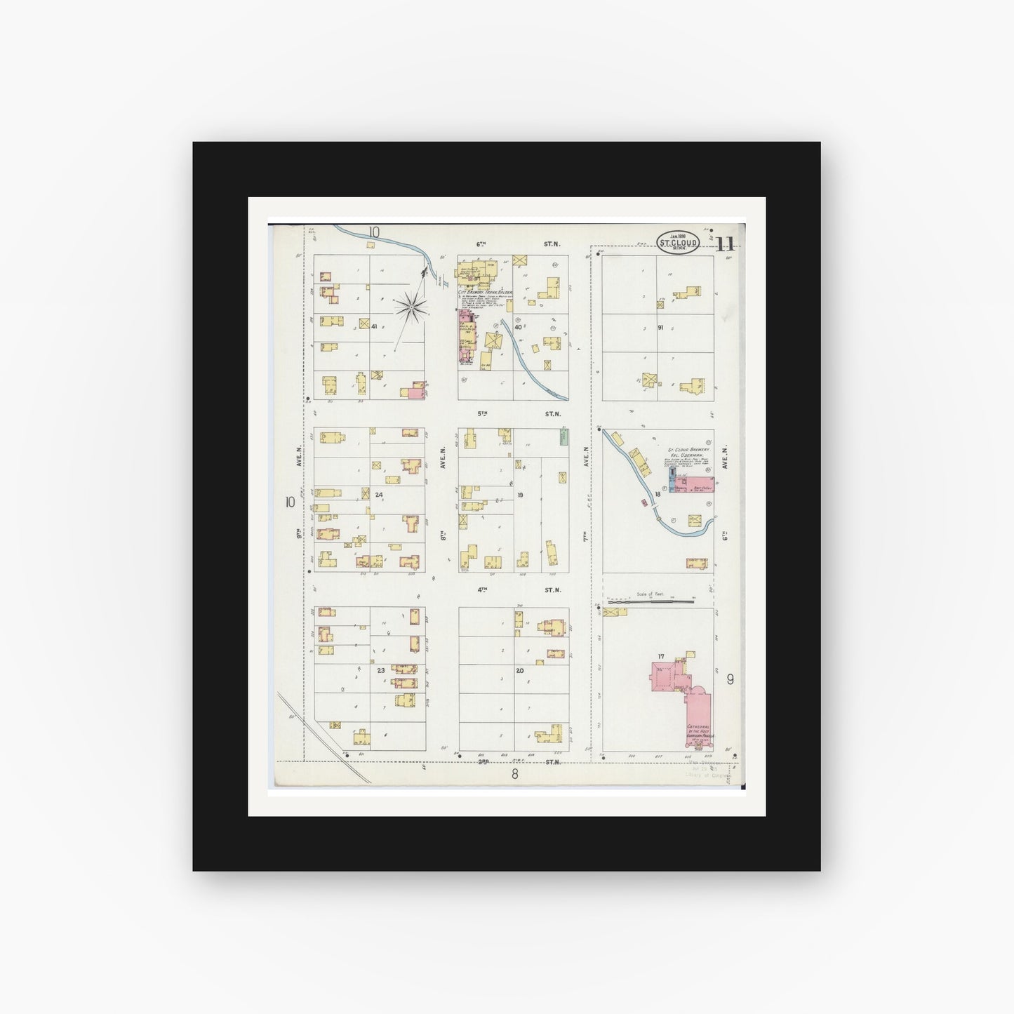 Old map wall art mockup — black gallery frame with white mat — Sanborn Fire Insurance Map from Saint Cloud, Stearns, Benton, and Sherburne Counties, Minnesota (1898), Sheet #0011