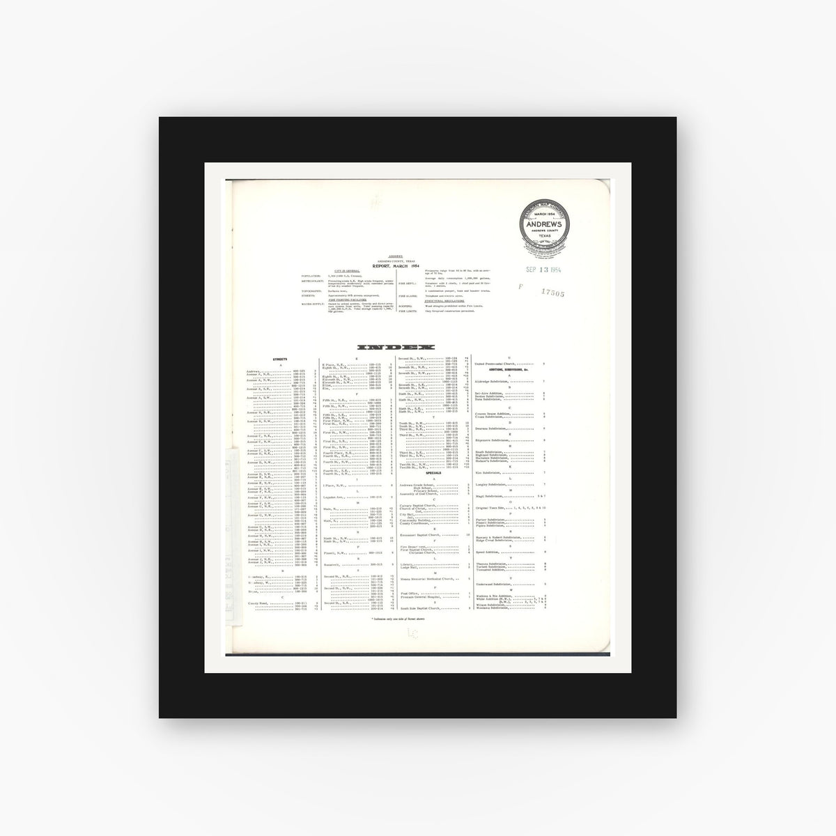 Old map wall art mockup — black gallery frame with white mat — Sanborn Fire Insurance Map from Andrews, Andrews County, Texas (1954), Sheet #0001