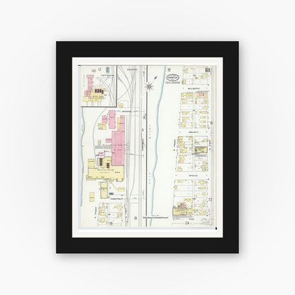 Old map wall art mockup — black gallery frame with white mat — Sanborn Fire Insurance Map from Ironton, Lawrence County, Ohio (1909), Sheet #0018