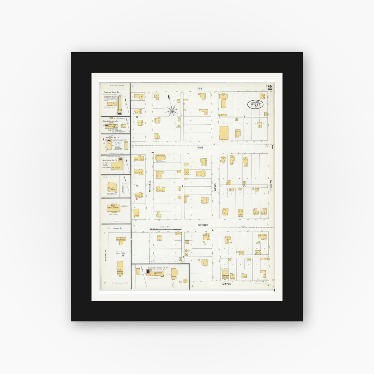 Old map wall art mockup — black gallery frame with white mat — Sanborn Fire Insurance Map from West, McLennan County, Texas (1900), Sheet #0002