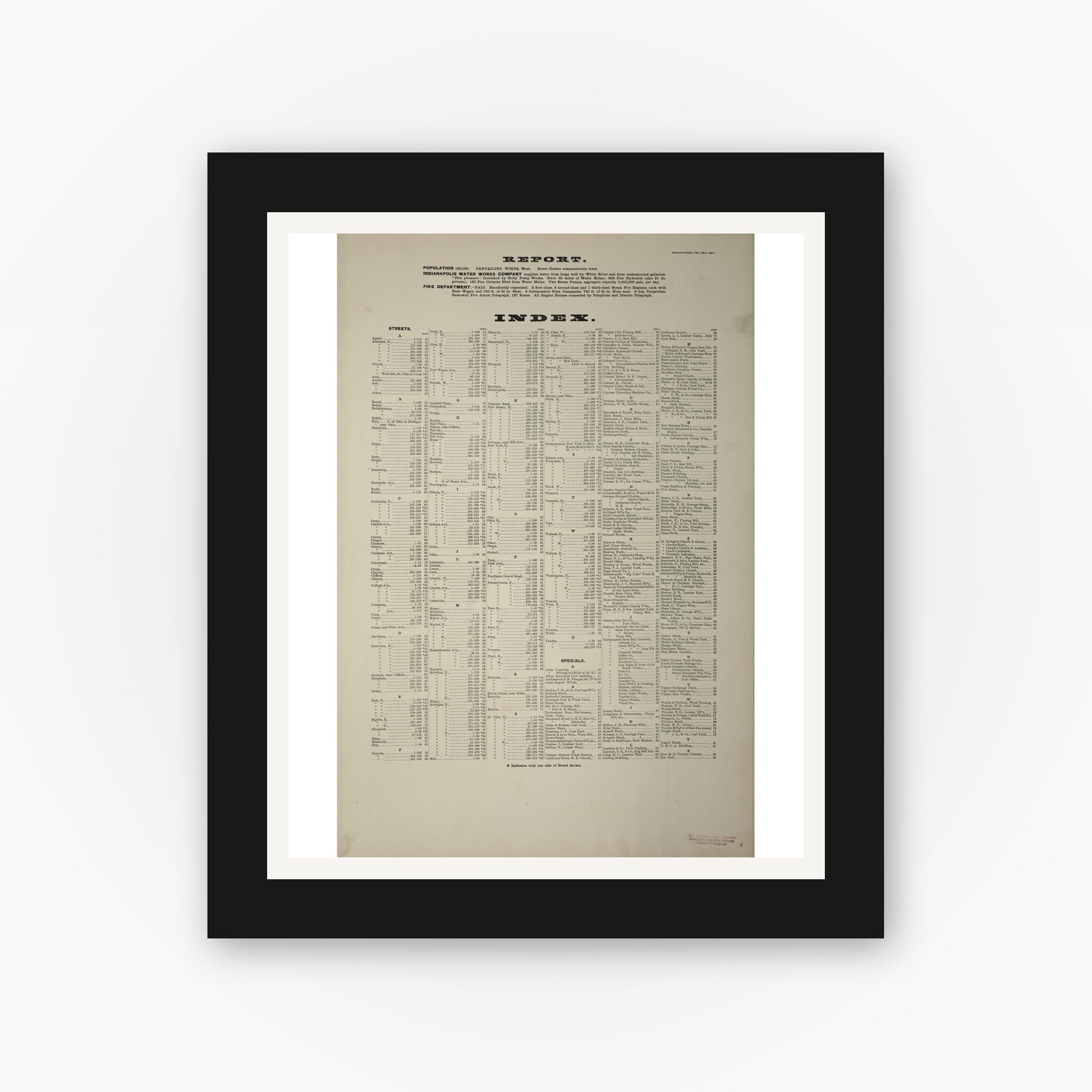 Old map wall art mockup — black gallery frame with white mat — Sanborn Fire Insurance Map from Indianapolis, Marion County, Indiana (1887), Sheet #0001