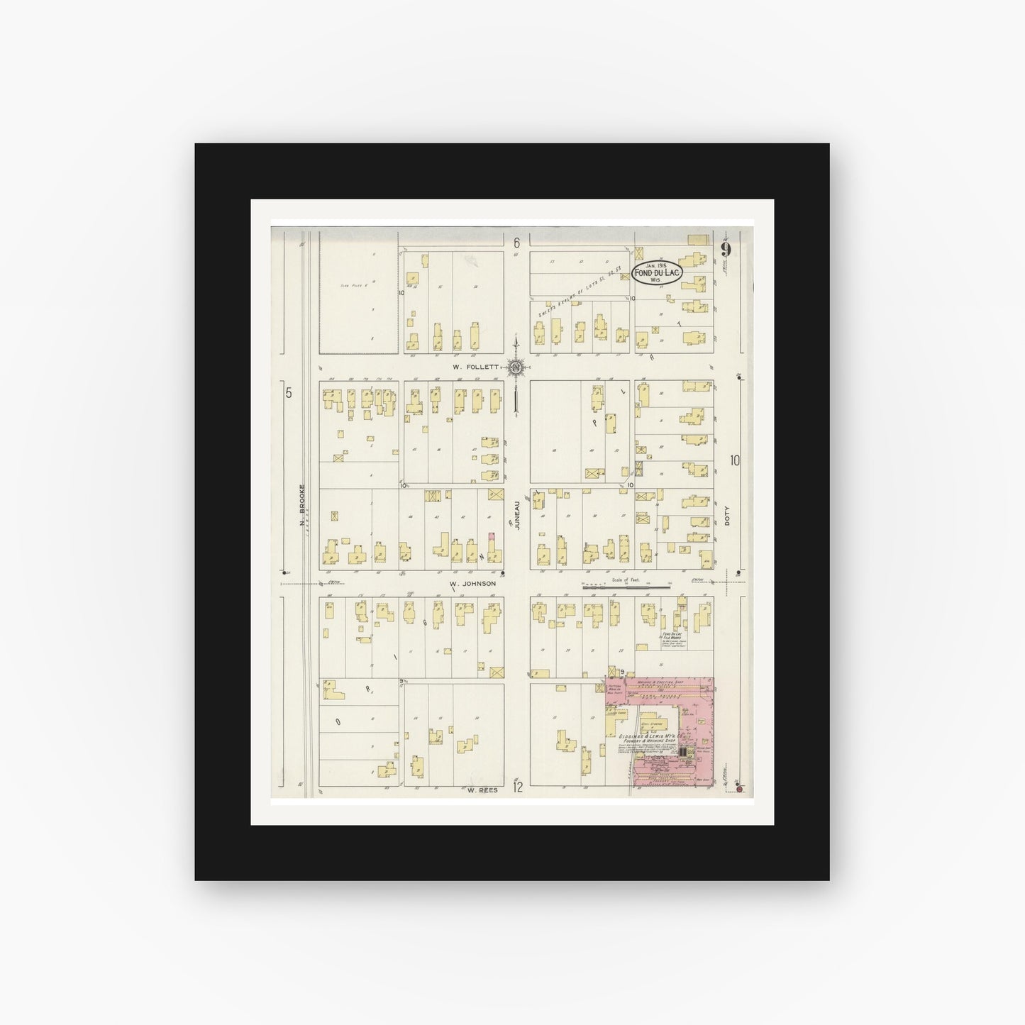 Old map wall art mockup — black gallery frame with white mat — Sanborn Fire Insurance Map from Fond du Lac, Fond du Lac County, Wisconsin (1915), Sheet #0009