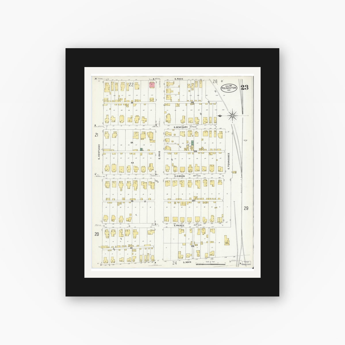 Old map wall art mockup — black gallery frame with white mat — Sanborn Fire Insurance Map from Princeton, Gibson County, Indiana (1907), Sheet #0023