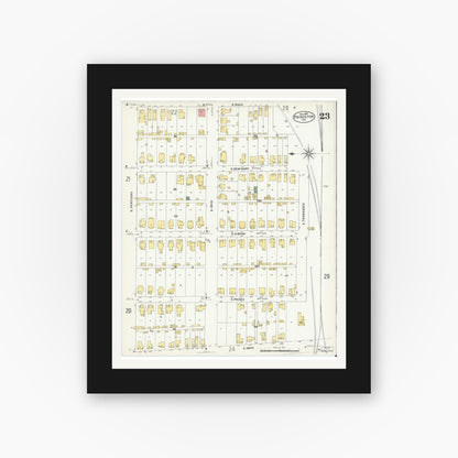 Old map wall art mockup — black gallery frame with white mat — Sanborn Fire Insurance Map from Princeton, Gibson County, Indiana (1907), Sheet #0023
