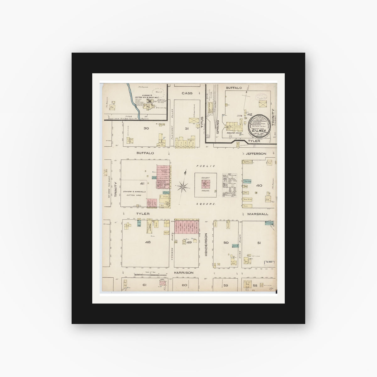 Old map wall art mockup — black gallery frame with white mat — Sanborn Fire Insurance Map from Gilmer, Upshur County, Texas (1885), Sheet #0001