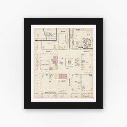 Old map wall art mockup — black gallery frame with white mat — Sanborn Fire Insurance Map from Gilmer, Upshur County, Texas (1885), Sheet #0001