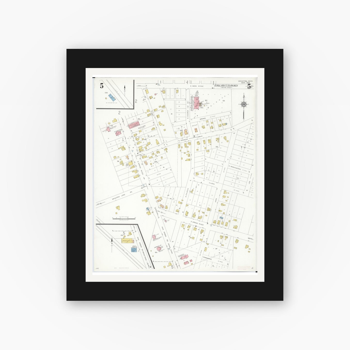 Old map wall art mockup — black gallery frame with white mat — Sanborn Fire Insurance Map from Brighton, Livington County, Michigan (1938), Sheet #0005