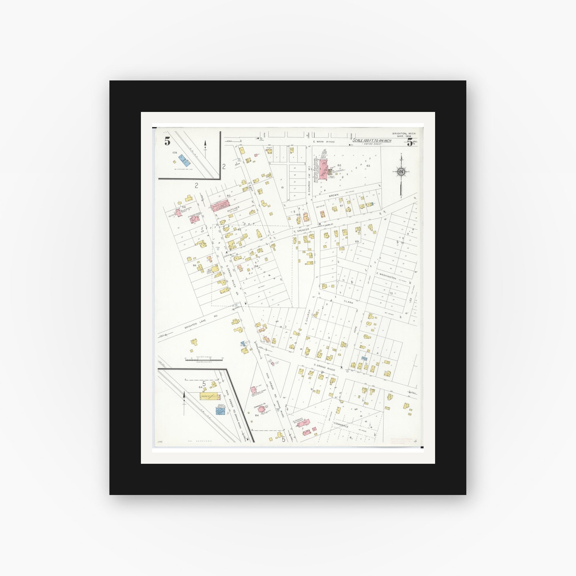 Old map wall art mockup — black gallery frame with white mat — Sanborn Fire Insurance Map from Brighton, Livington County, Michigan (1938), Sheet #0005