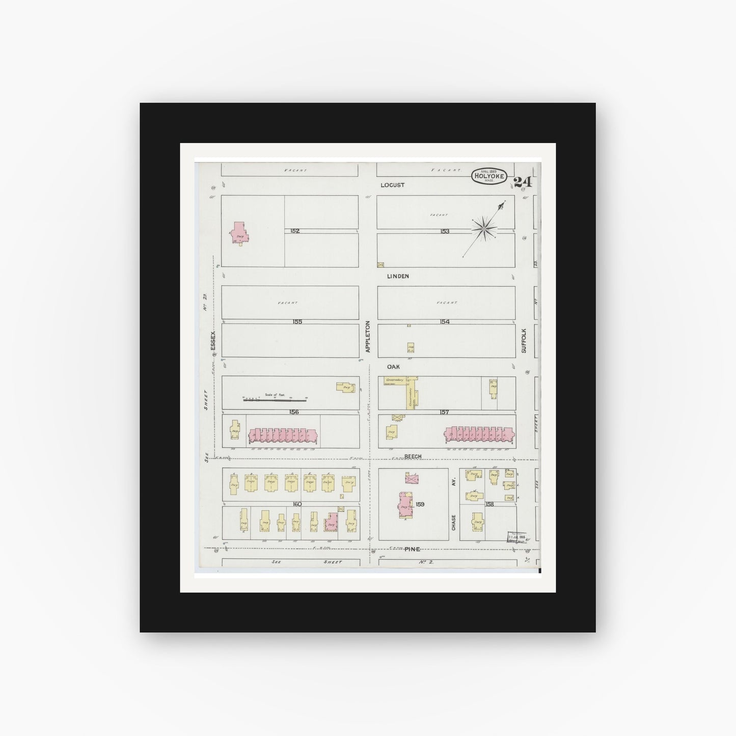 Old map wall art mockup — black gallery frame with white mat — Sanborn Fire Insurance Map from Holyoke, Hampden County, Massachusetts (1889), Sheet #0024