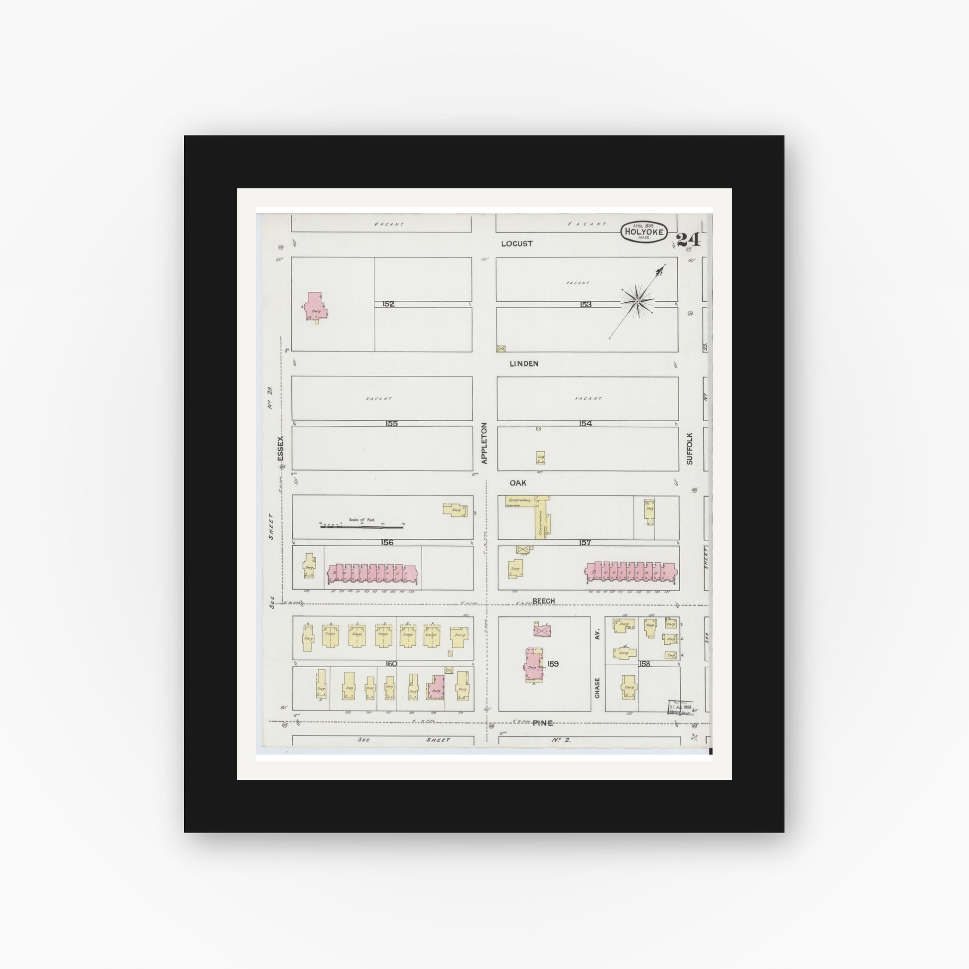 Old map wall art mockup — black gallery frame with white mat — Sanborn Fire Insurance Map from Holyoke, Hampden County, Massachusetts (1889), Sheet #0024