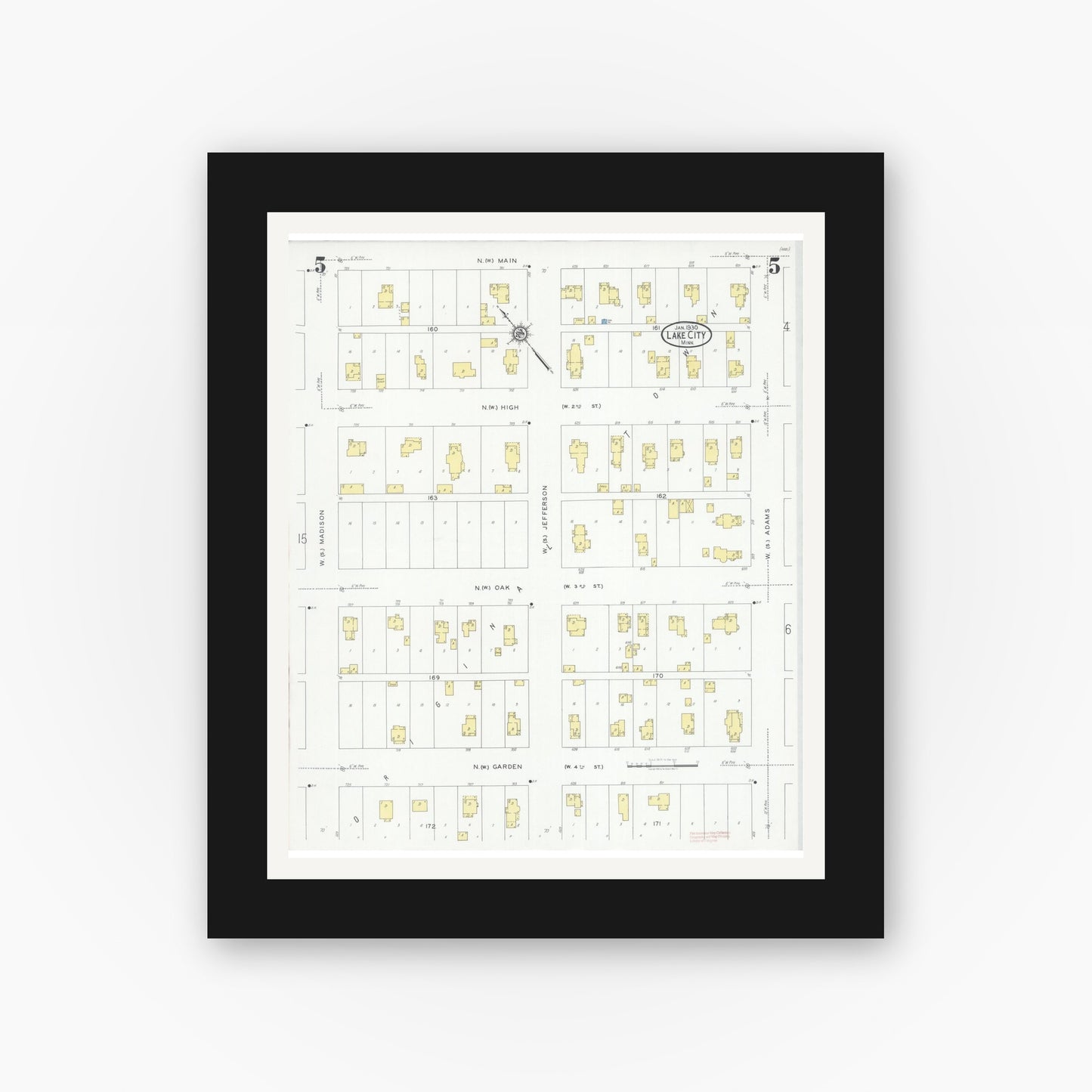 Old map wall art mockup — black gallery frame with white mat — Sanborn Fire Insurance Map from Lake City, Wabasha County, Minnesota (1930), Sheet #0005