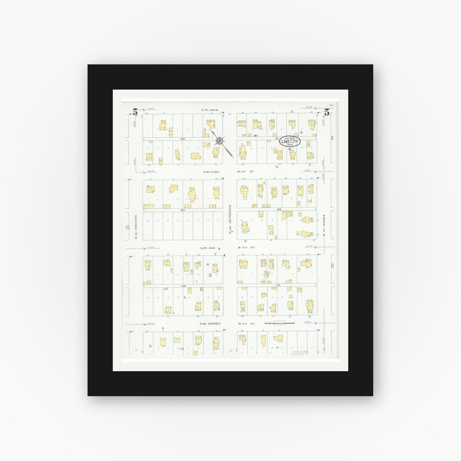 Old map wall art mockup — black gallery frame with white mat — Sanborn Fire Insurance Map from Lake City, Wabasha County, Minnesota (1930), Sheet #0005