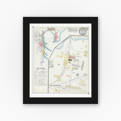 Old map wall art mockup — black gallery frame with white mat — Sanborn Fire Insurance Map from Saint Ignace, Mackinac County, Michigan (1896), Sheet #0001