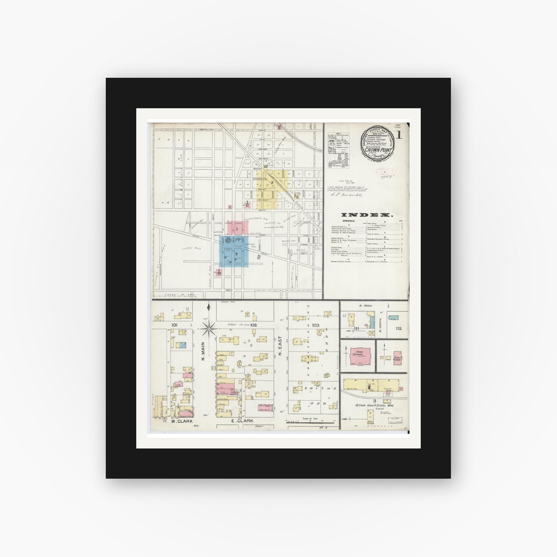 Old map wall art mockup — black gallery frame with white mat — Sanborn Fire Insurance Map from Crown Point, Lake County, Indiana (1892) - Complete Map Set