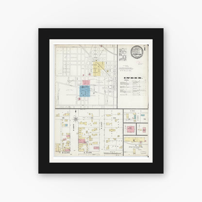 Old map wall art mockup — black gallery frame with white mat — Sanborn Fire Insurance Map from Crown Point, Lake County, Indiana (1892) - Complete Map Set