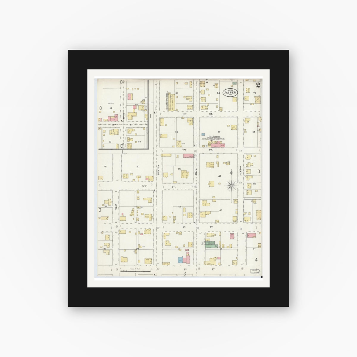 Old map wall art mockup — black gallery frame with white mat — Sanborn Fire Insurance Map from Jasper, Dubois County, Indiana (1898), Sheet #0002