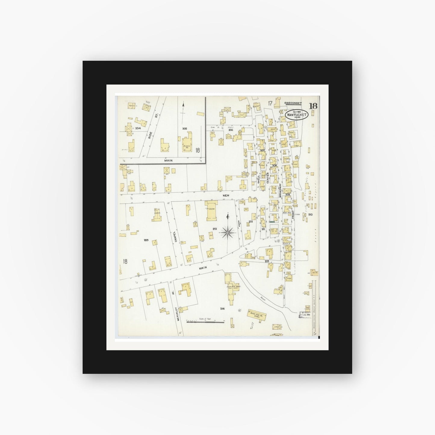 Old map wall art mockup — black gallery frame with white mat — Sanborn Fire Insurance Map from Nantucket, Nantucket County, Massachusetts (1904), Sheet #0018
