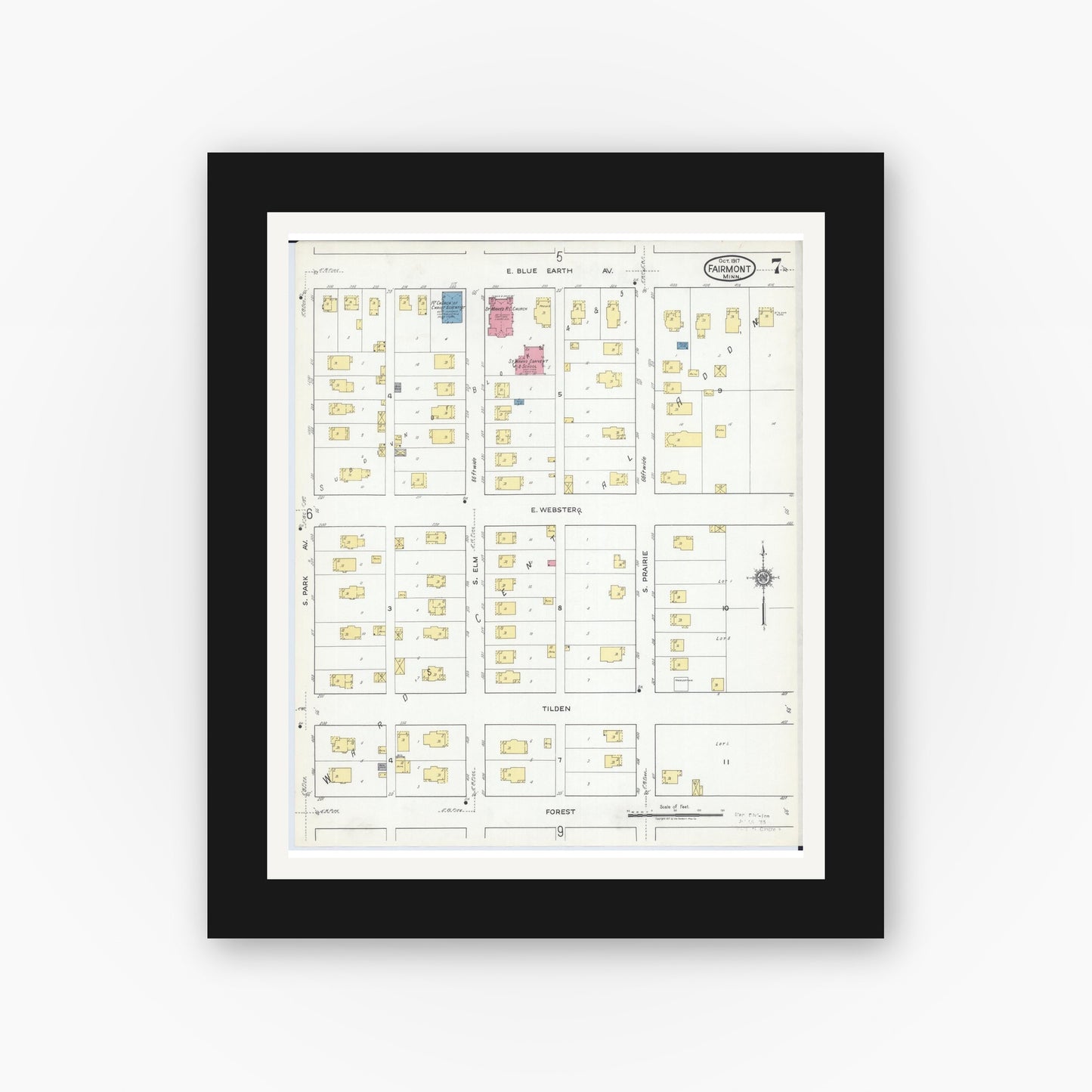 Old map wall art mockup — black gallery frame with white mat — Sanborn Fire Insurance Map from Fairmont, Martin County, Minnesota (1917), Sheet #0007