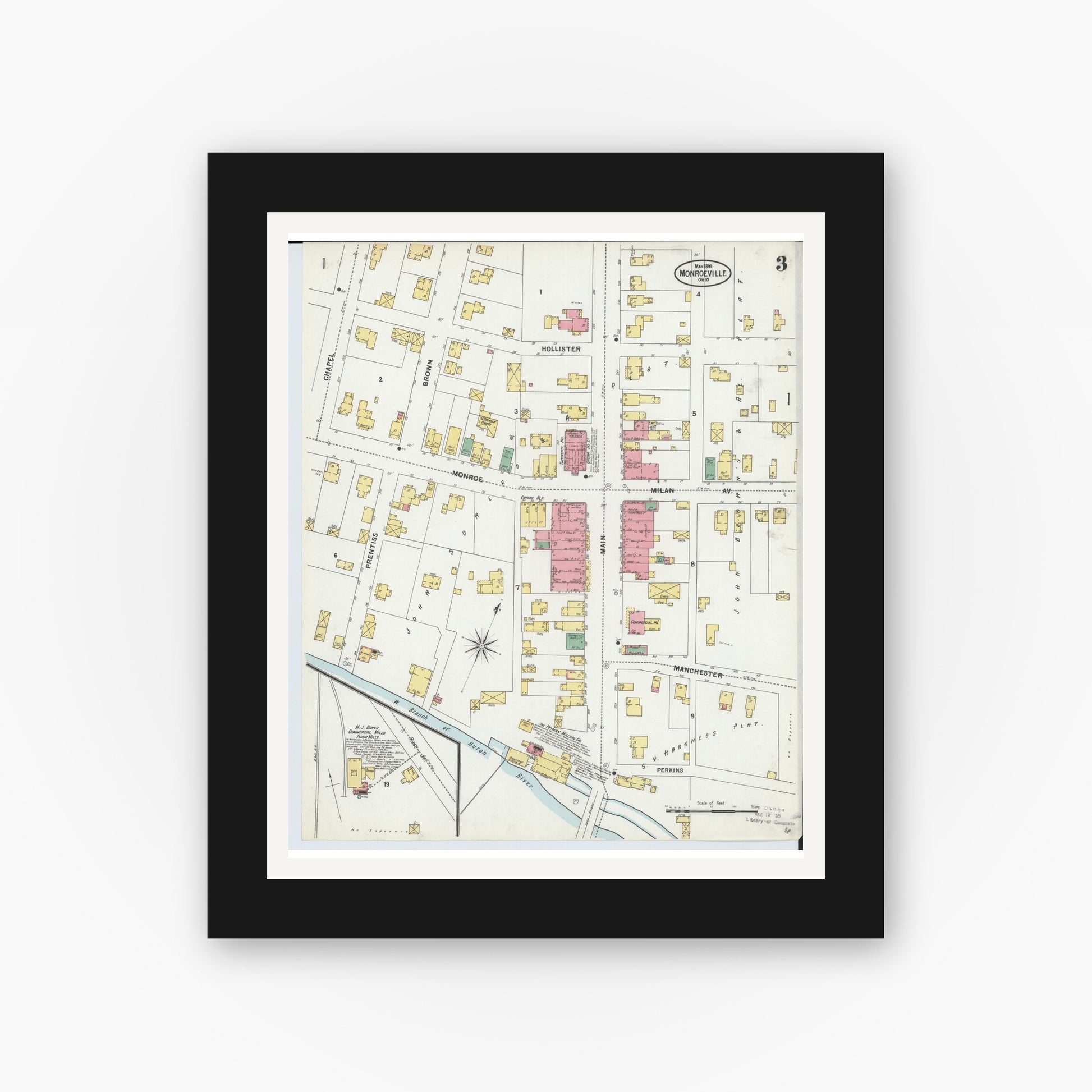 Old map wall art mockup — black gallery frame with white mat — Sanborn Fire Insurance Map from Monroeville, Huron County, Ohio (1899), Sheet #0003
