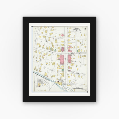Old map wall art mockup — black gallery frame with white mat — Sanborn Fire Insurance Map from Monroeville, Huron County, Ohio (1899), Sheet #0003