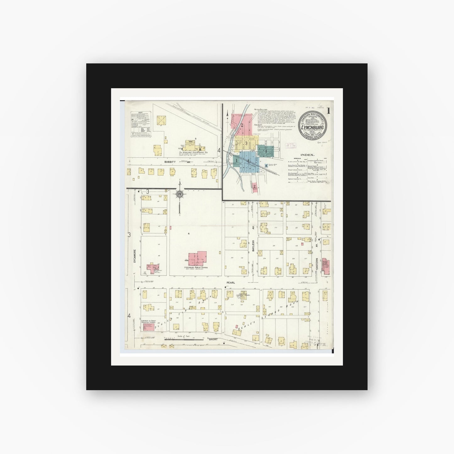 Old map wall art mockup — black gallery frame with white mat — Sanborn Fire Insurance Map from Lynchburg, Highland County, Ohio (1911) - Complete Map Set