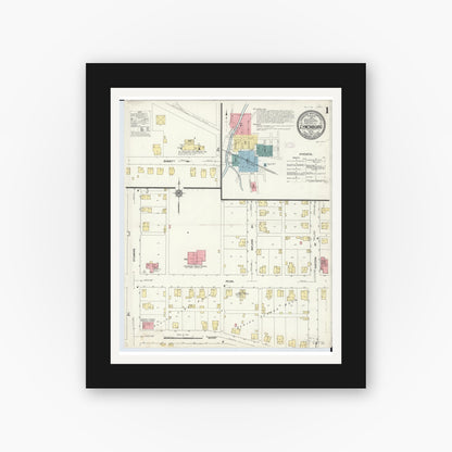 Old map wall art mockup — black gallery frame with white mat — Sanborn Fire Insurance Map from Lynchburg, Highland County, Ohio (1911) - Complete Map Set