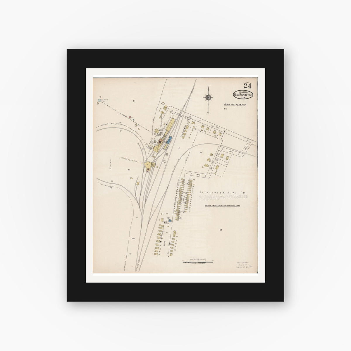 Old map wall art mockup — black gallery frame with white mat — Sanborn Fire Insurance Map from New Braunfels, Comal County, Texas (1922), Sheet #0024