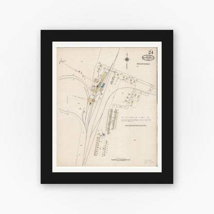 Old map wall art mockup — black gallery frame with white mat — Sanborn Fire Insurance Map from New Braunfels, Comal County, Texas (1922), Sheet #0024