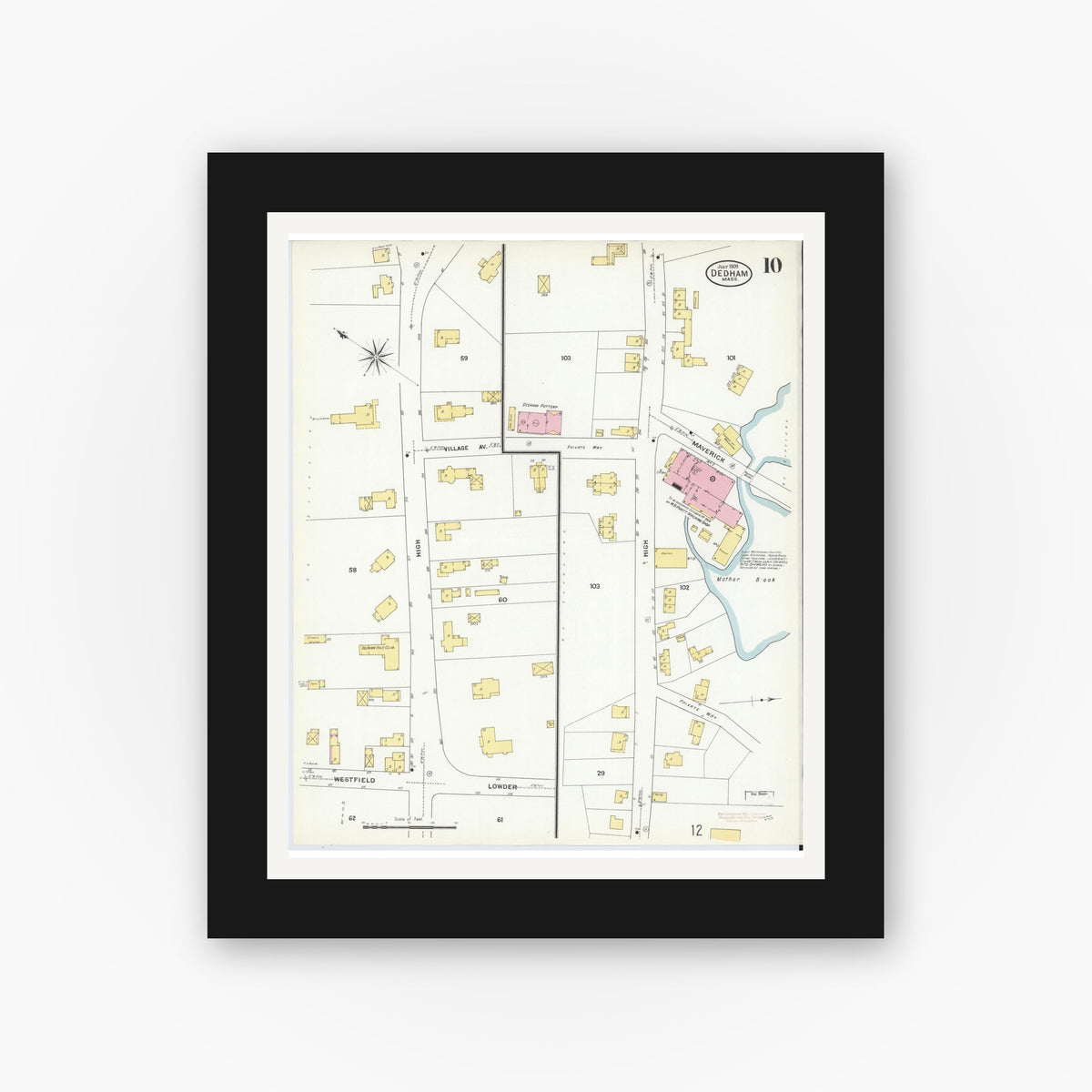 Old map wall art mockup — black gallery frame with white mat — Sanborn Fire Insurance Map from Dedham, Norfolk County, Massachusetts (1909), Sheet #0010