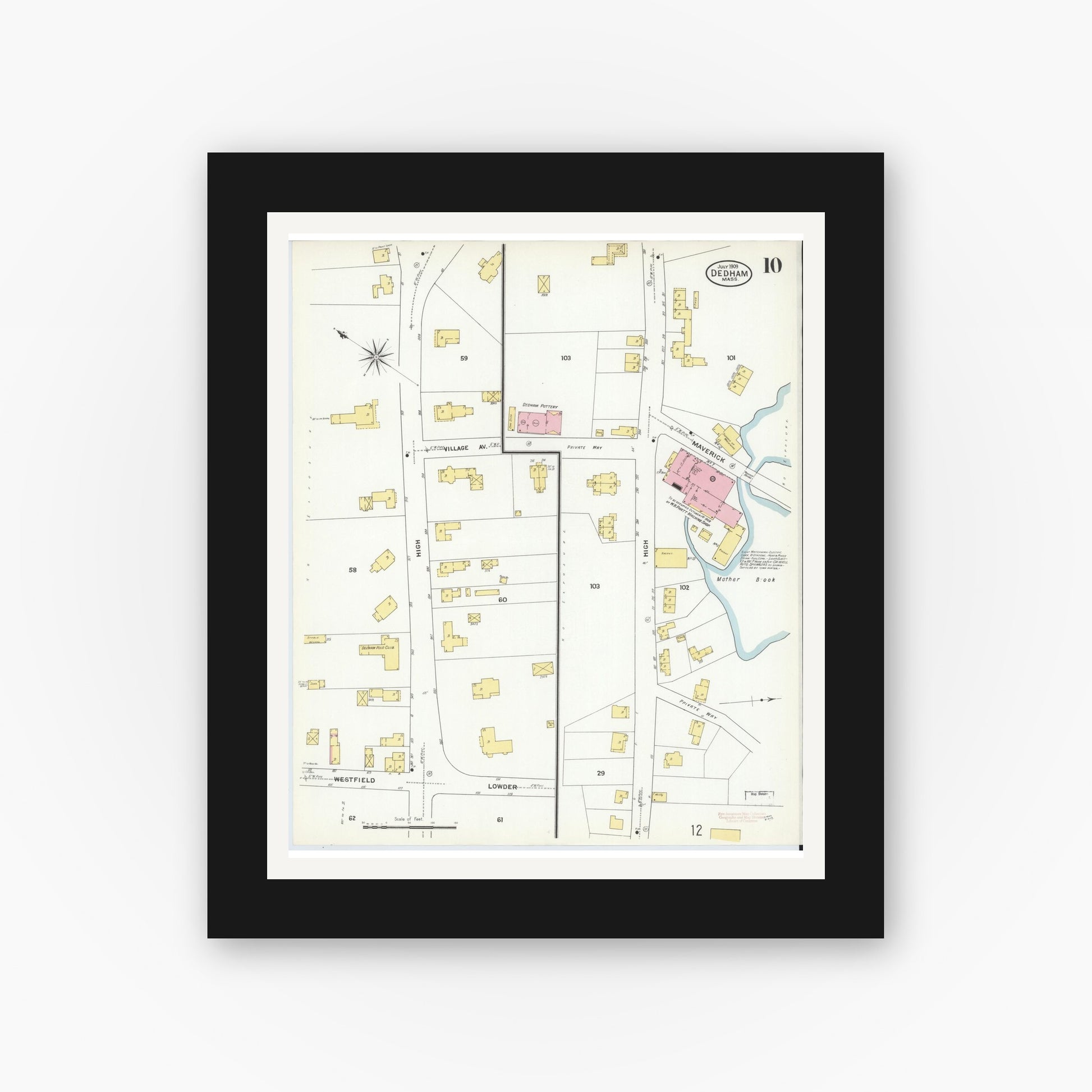 Old map wall art mockup — black gallery frame with white mat — Sanborn Fire Insurance Map from Dedham, Norfolk County, Massachusetts (1909), Sheet #0010