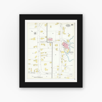 Old map wall art mockup — black gallery frame with white mat — Sanborn Fire Insurance Map from Dedham, Norfolk County, Massachusetts (1909), Sheet #0010