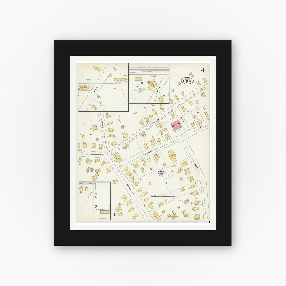 Old map wall art mockup — black gallery frame with white mat — Sanborn Fire Insurance Map from Sidney, Delaware County, New York (1903), Sheet #0004