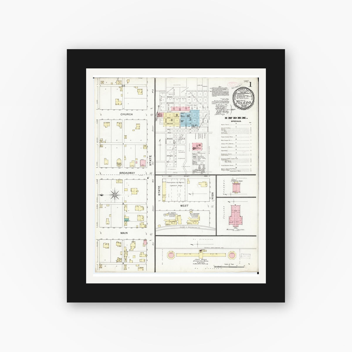 Old map wall art mockup — black gallery frame with white mat — Sanborn Fire Insurance Map from Toledo, Tama County, Iowa (1892) â€” Complete Set