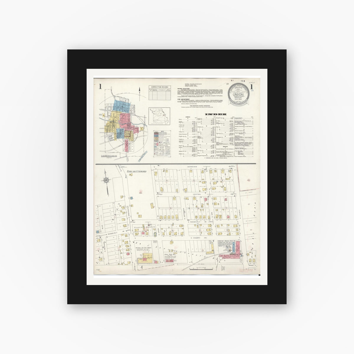 Old map wall art mockup — black gallery frame with white mat — Sanborn Fire Insurance Map from Union, Franklin County, Missouri (1935) - Complete Map Set