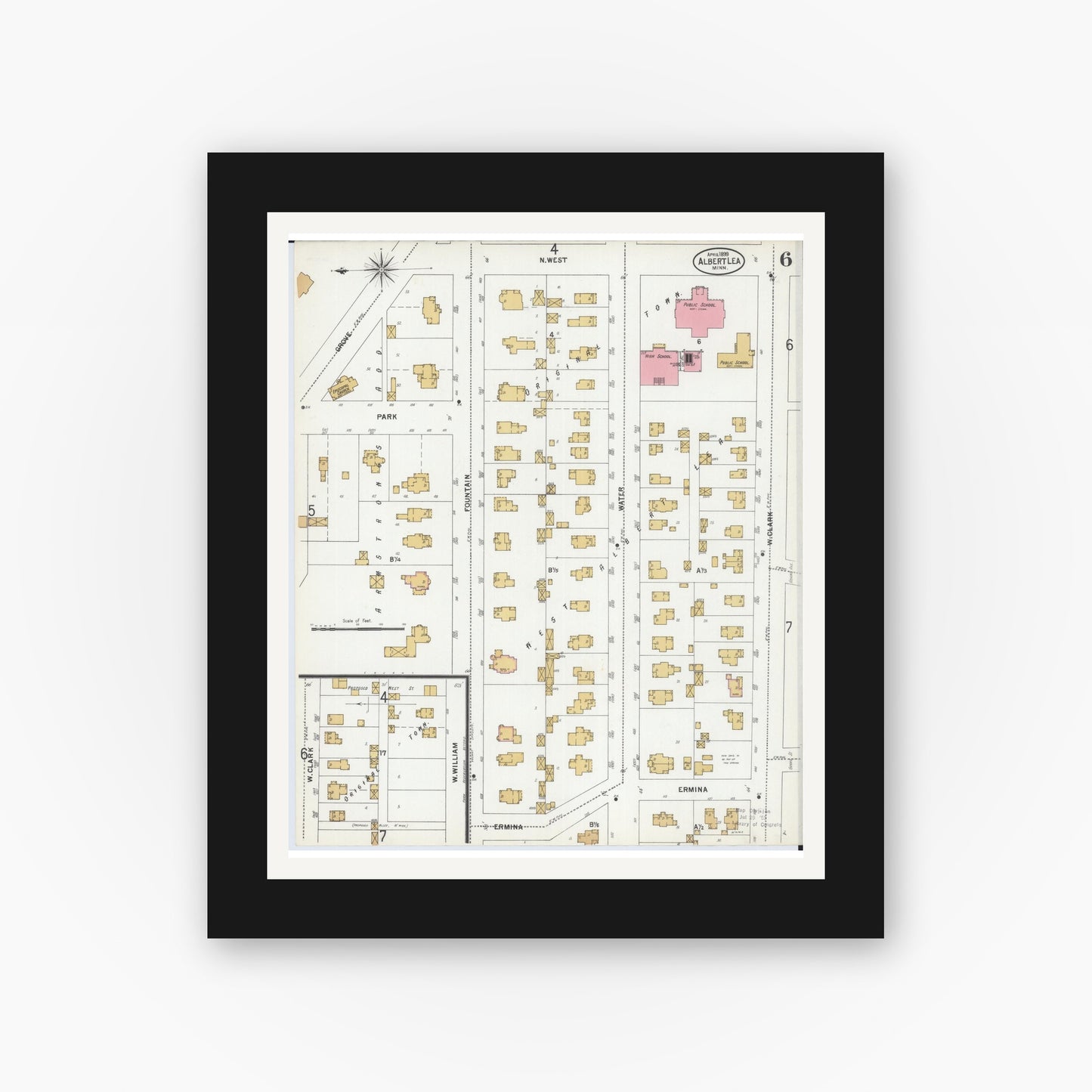 Old map wall art mockup — black gallery frame with white mat — Sanborn Fire Insurance Map from Albert Lea, Freeborn County, Minnesota (1899), Sheet #0006
