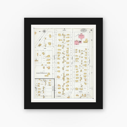 Old map wall art mockup — black gallery frame with white mat — Sanborn Fire Insurance Map from Albert Lea, Freeborn County, Minnesota (1899), Sheet #0006