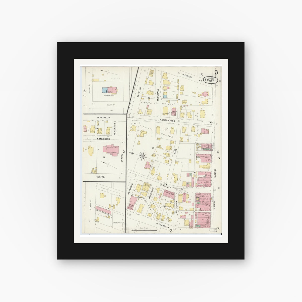 Old map wall art mockup — black gallery frame with white mat — Sanborn Fire Insurance Map from Brazil, Clay County, Indiana (1896), Sheet #0005