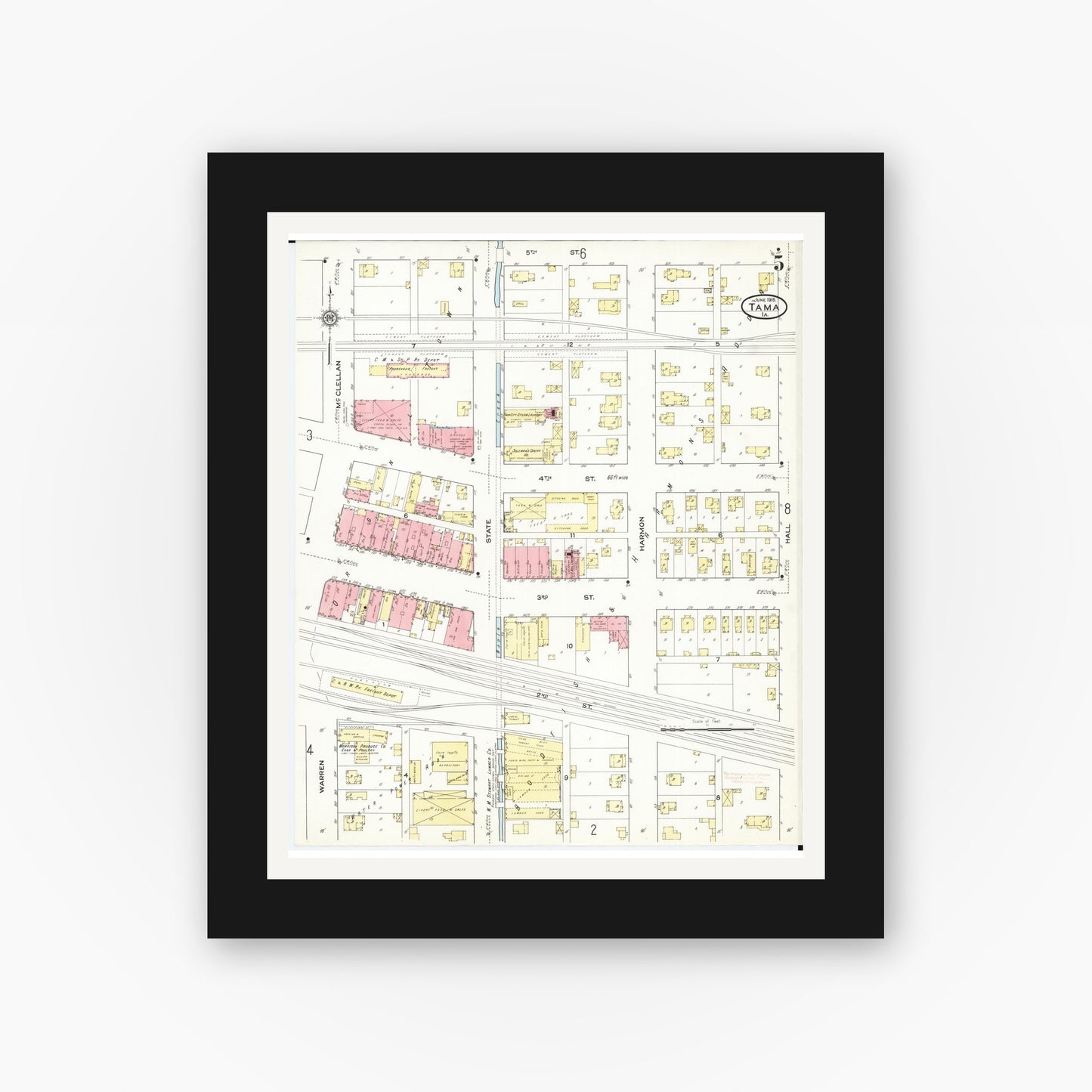 Old map wall art mockup — black gallery frame with white mat — Sanborn Fire Insurance Map from Tama, Tama County, Iowa (1915), Sheet #0005