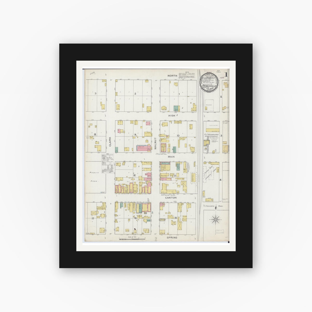 Old map wall art mockup — black gallery frame with white mat — Sanborn Fire Insurance Map from Princeville, Peoria County, Illinois (1893), Sheet #0001