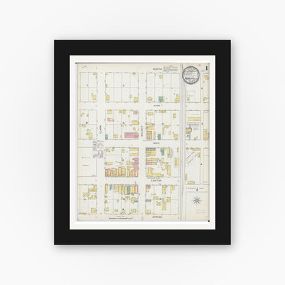 Old map wall art mockup — black gallery frame with white mat — Sanborn Fire Insurance Map from Princeville, Peoria County, Illinois (1893), Sheet #0001